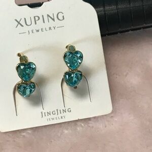 Xuping Jewelry Gold Double Heart Blue Crystal Earrings New